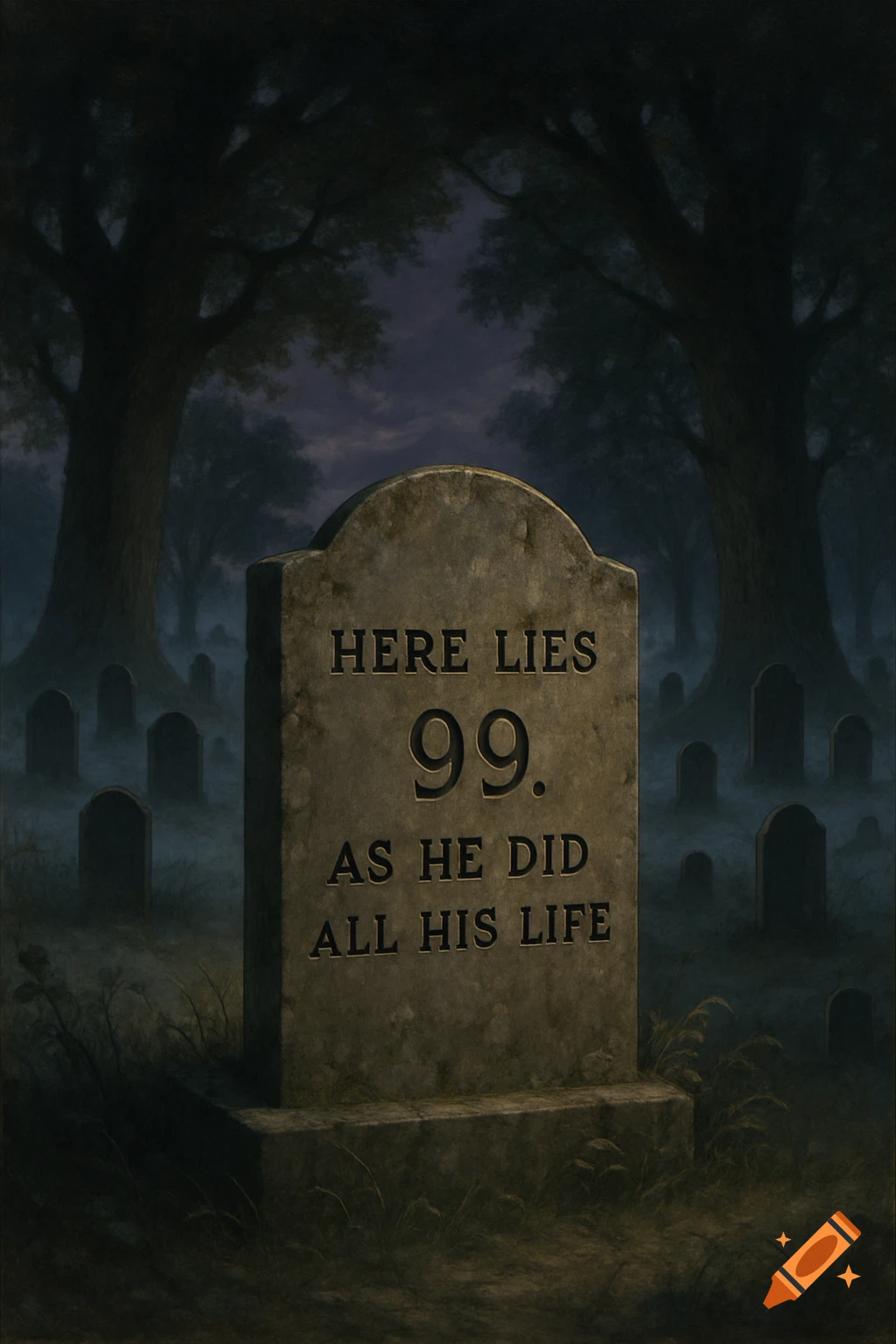 A weathered headstone in a misty graveyard at dusk, engraved with 'Here lies 99. As he did all his life.' Large trees loom in the background.