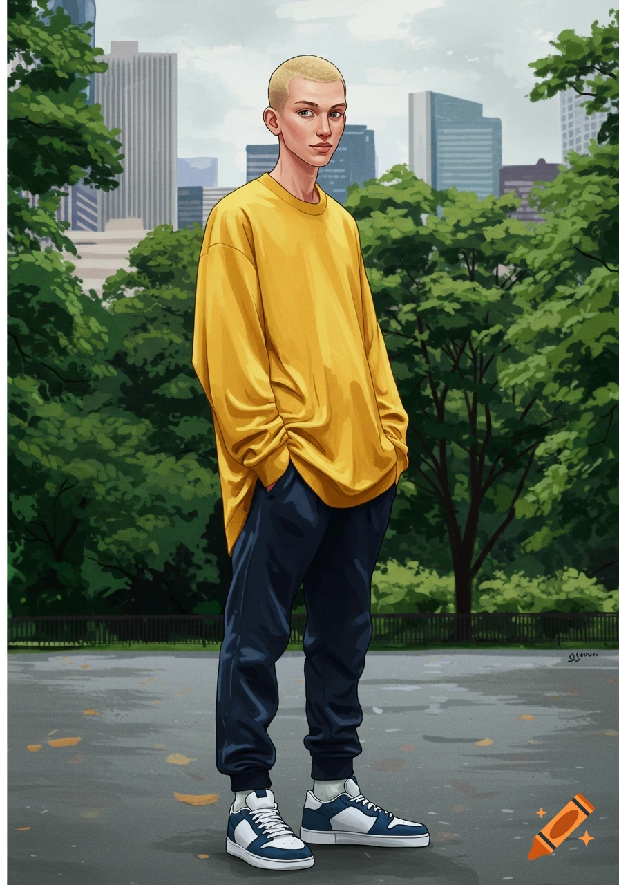 A young man with a blonde buzz cut wearing a yellow long-sleeve shirt, dark blue sweatpants, and white and blue sneakers, standing in a city park.