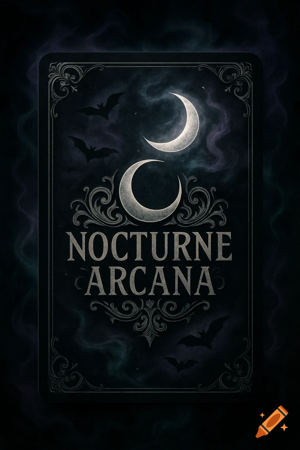 A dark gothic tarot card features two crescent moons, flying bats, and swirling purple, green, and black smoke, with 'NOCTURNE ARCANA' text.