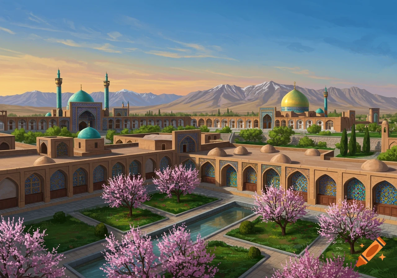 An ornate mosque complex with blue domes and minarets, pink cherry trees, a reflecting pool, and distant mountains under a sunset sky.