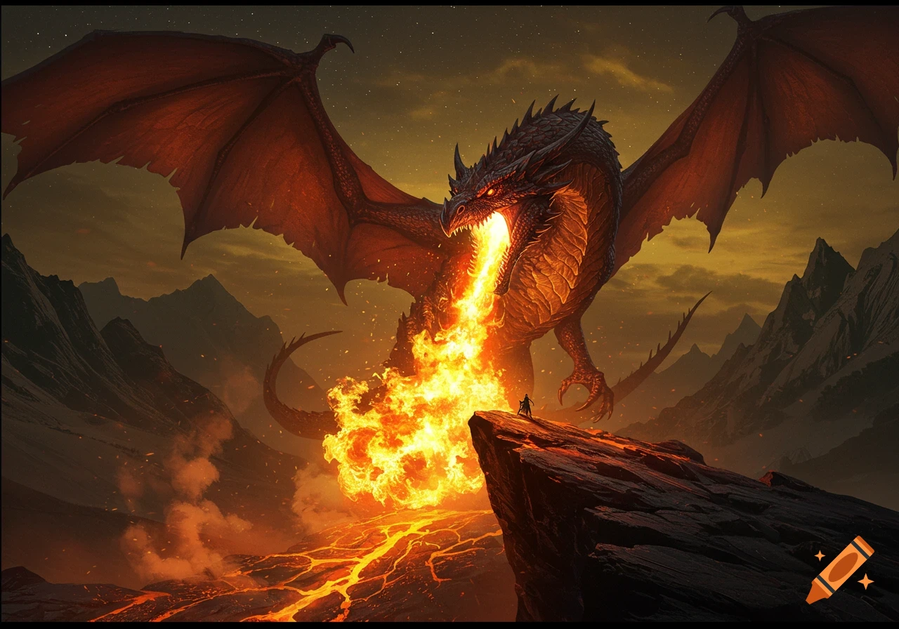 A giant red dragon breathes a massive stream of fire onto a rocky, lava-filled landscape, towering over a small person on a cliff.