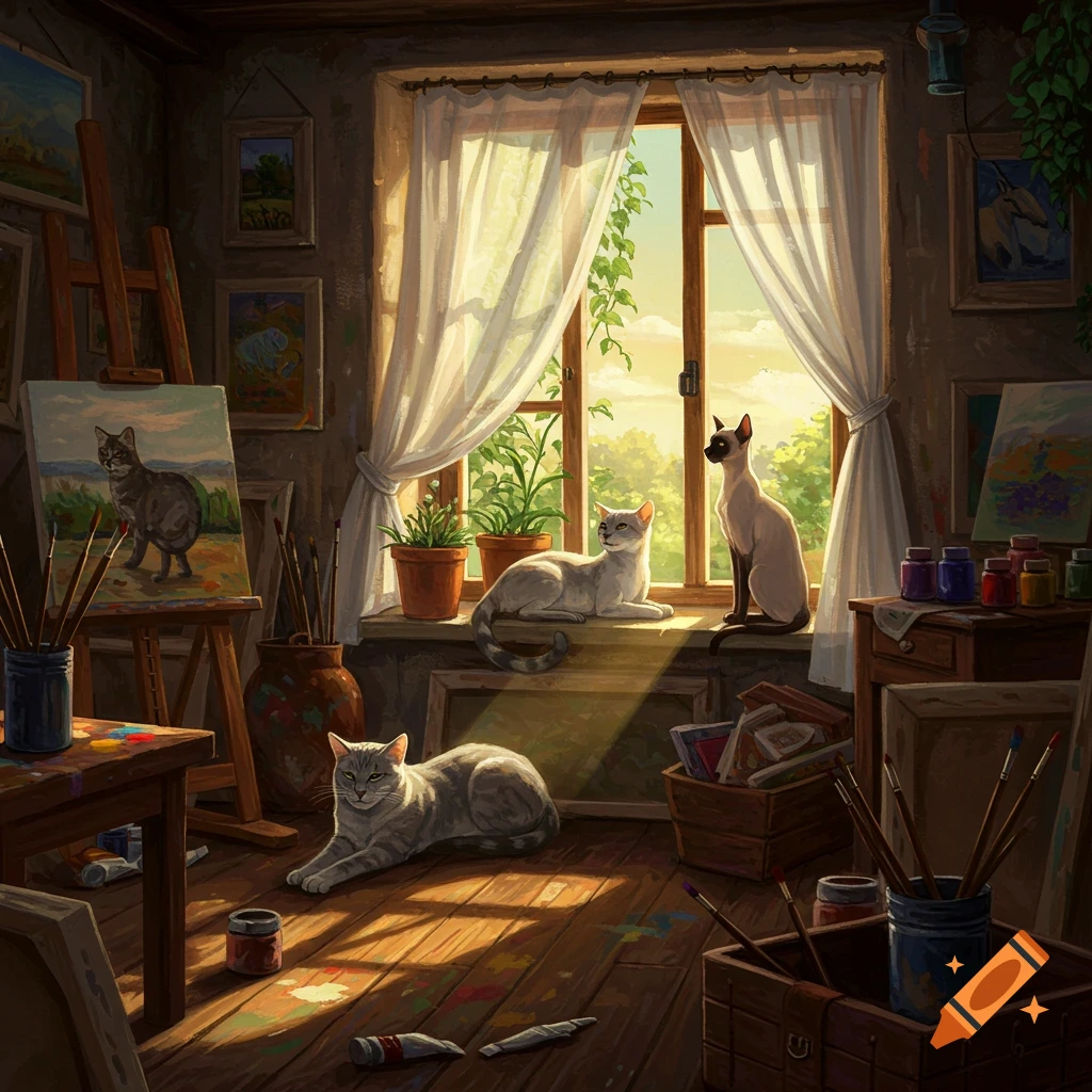 Illustration of three cats relaxing in a sunlit artist's studio with an easel, paintings, and art supplies.