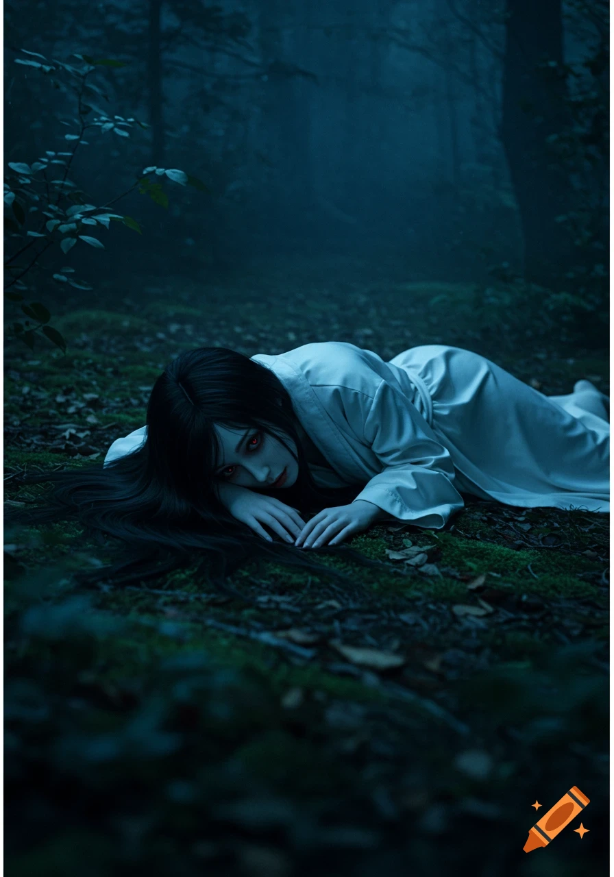 A pale, long-haired woman with red eyes in a white robe lies stomach down on a dark, foggy forest floor.