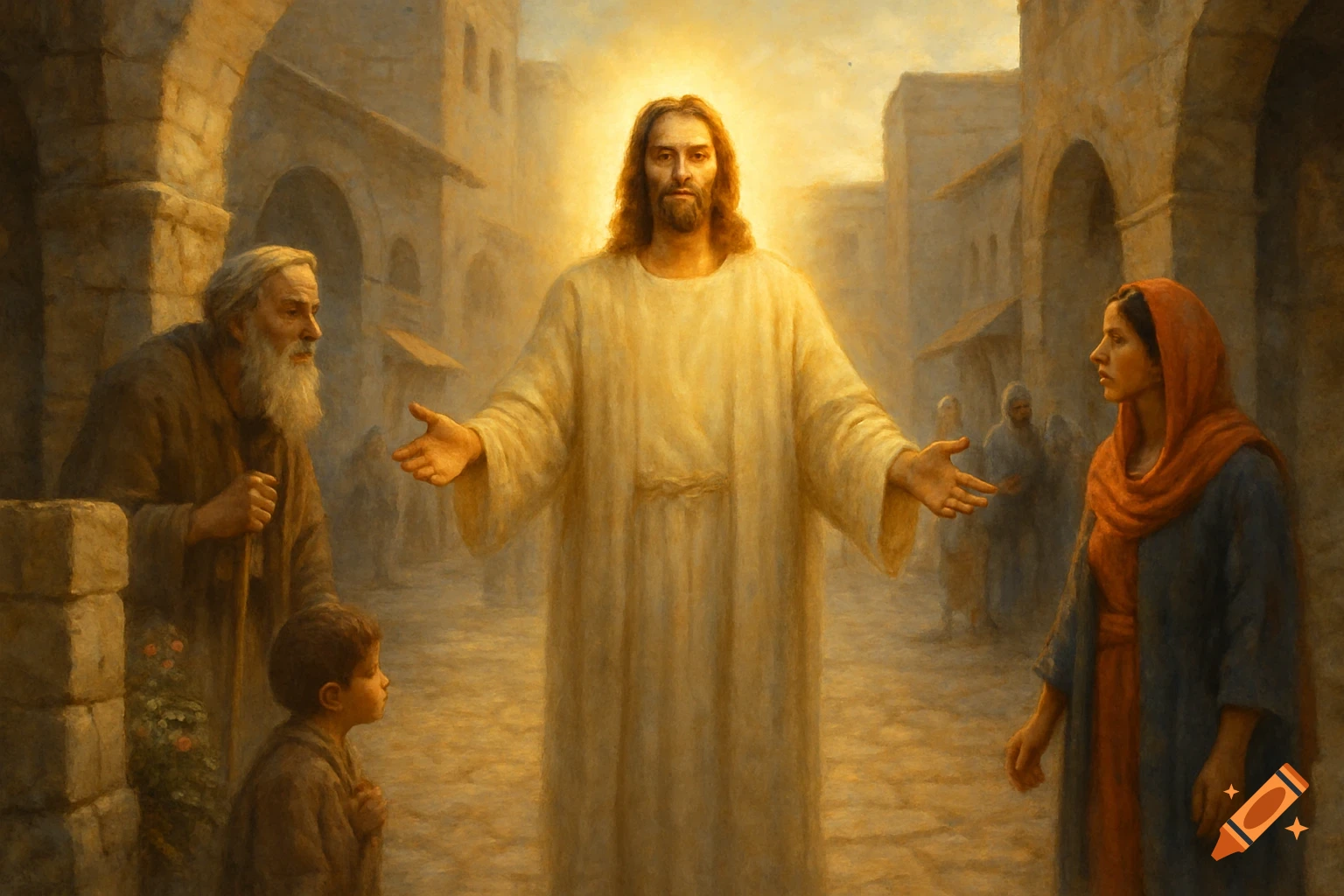 Jesus Christ stands with open arms in an ancient town street, looking at people gathered around him, in a painting style.
