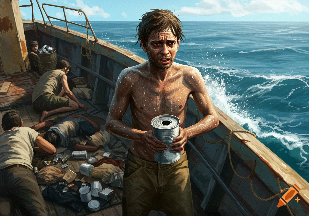 A distressed, shirtless man with a tin can on a crowded boat with other exhausted men at sea, digital illustration.