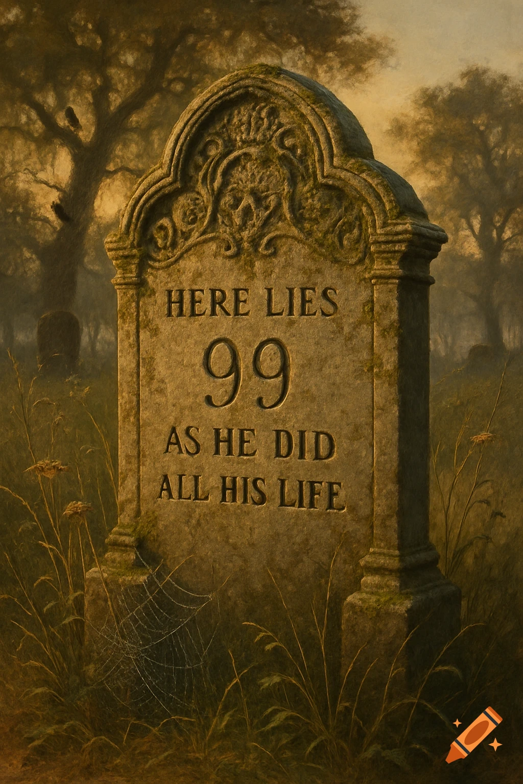 A weathered headstone with text 'Here lies 99 as he did all his life' in a misty, overgrown cemetery at sunset.
