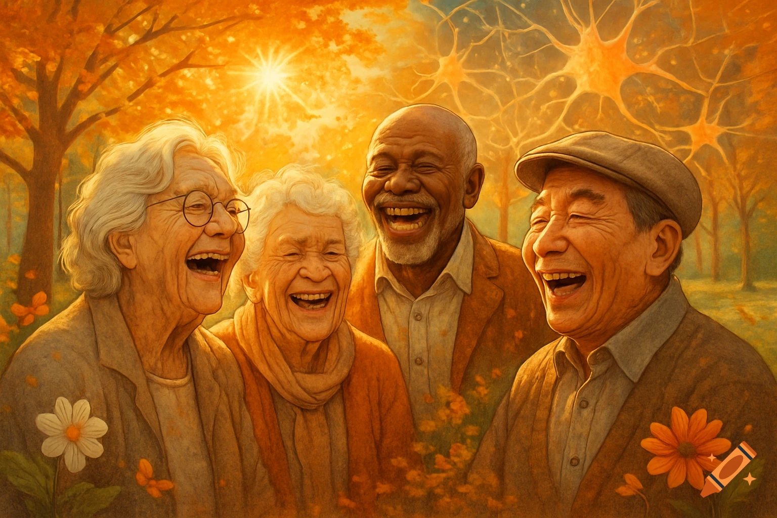 Four diverse elderly individuals laugh with joy in a vibrant, painterly autumnal park, featuring abstract neuron-like patterns in the background.