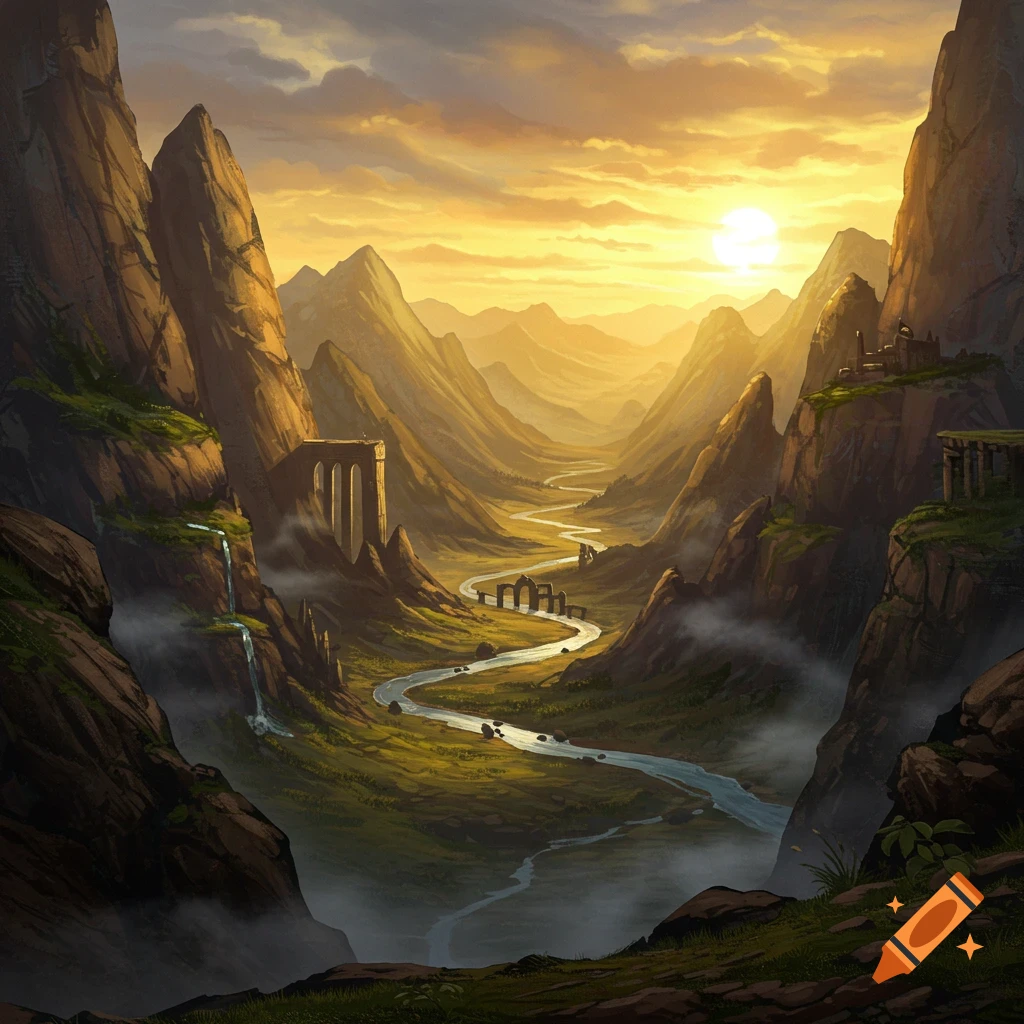 Fantasy landscape of a winding river through a mountain valley with ancient ruins and waterfalls at sunset.