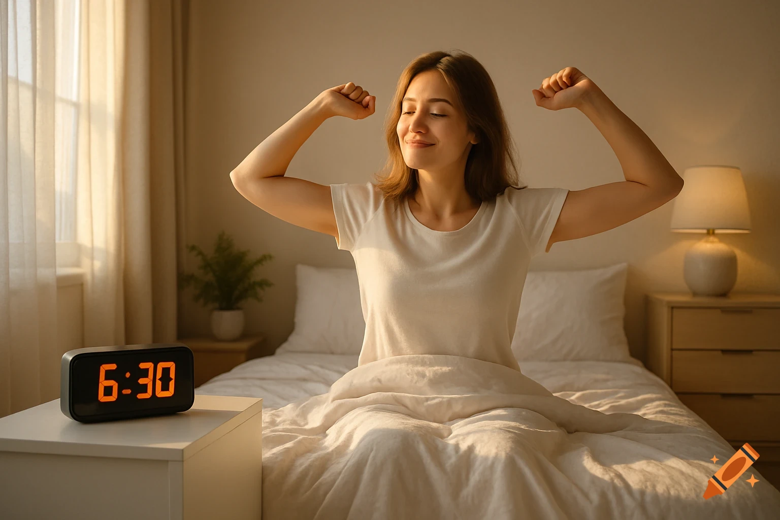 A young woman stretches happily in a sunlit bedroom at 6:30 AM, sitting up in bed with white sheets and an alarm clock visible.