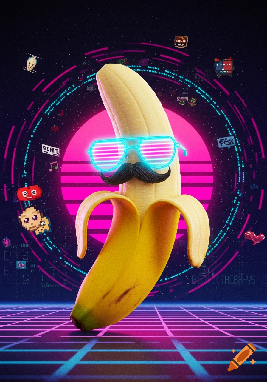 A peeled banana wearing neon blue sunglasses and a mustache, standing on a glowing grid in a retro synthwave space background with neon rings and pixel art.
