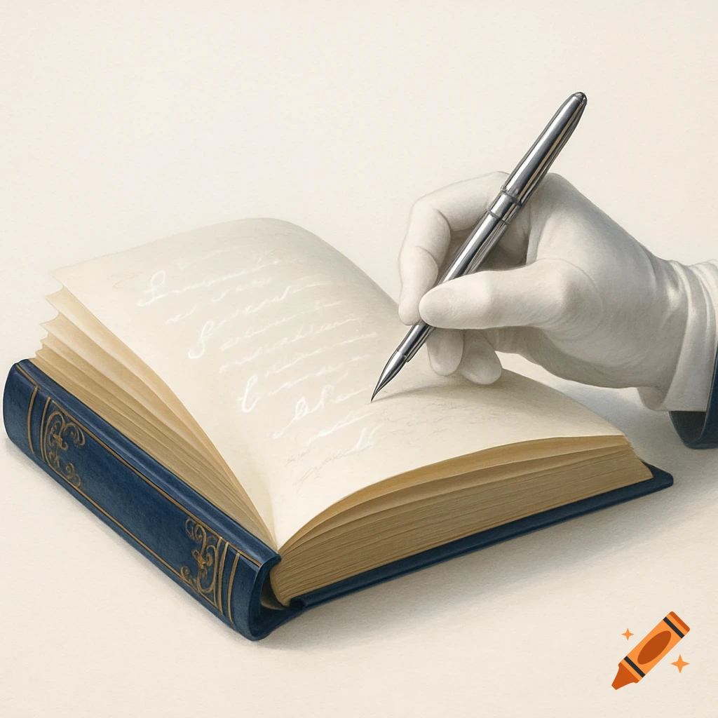A gloved hand holds a silver pen, writing illegible cursive on the pages of an open blue-bound book.