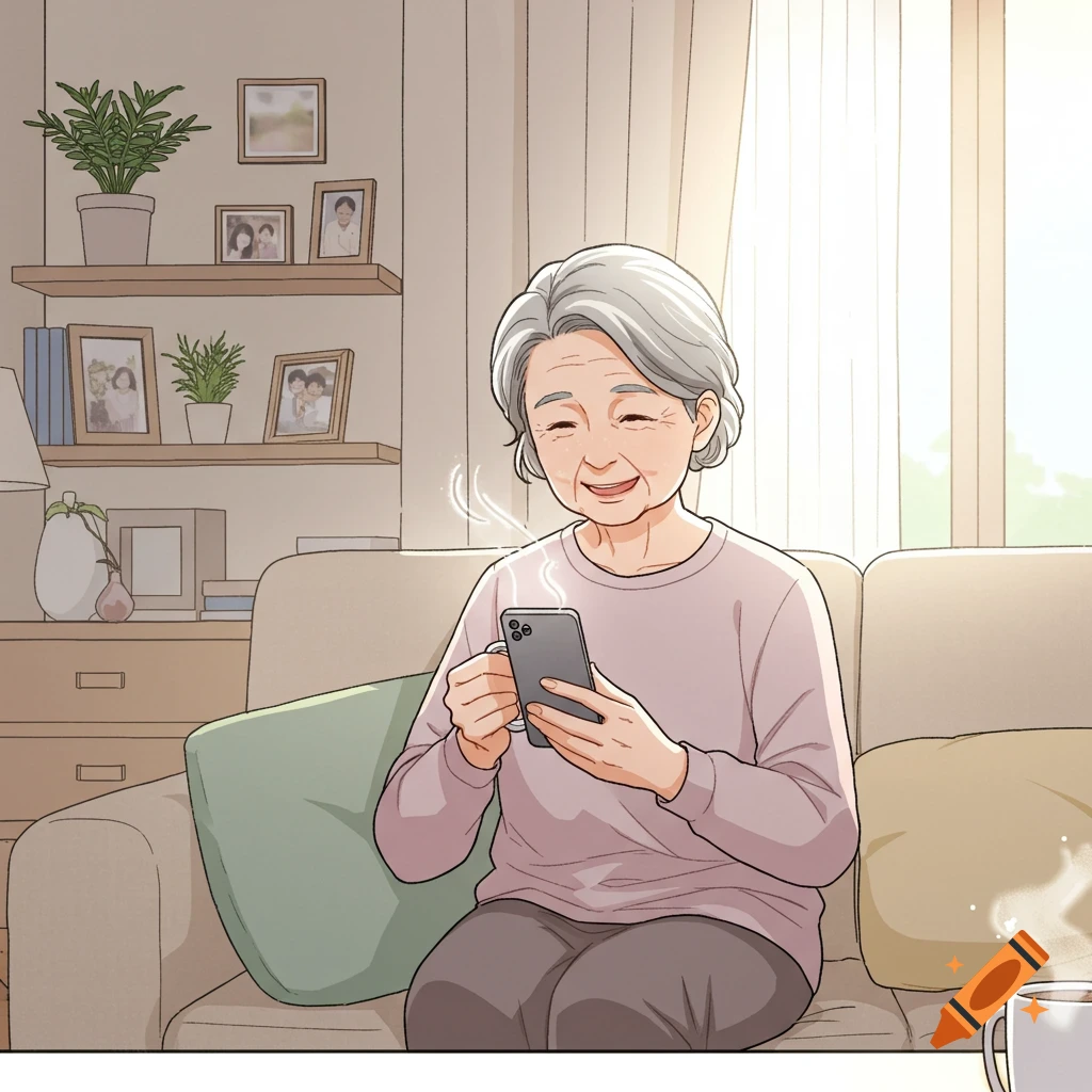 Webtoon illustration of a smiling elderly Asian woman sitting on a sofa, looking at her smartphone with a coffee cup, in a sunlit living room.