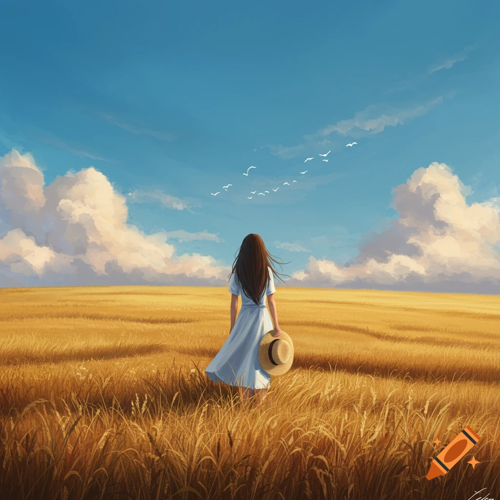 A woman in a white dress walks through a golden wheat field under a ...