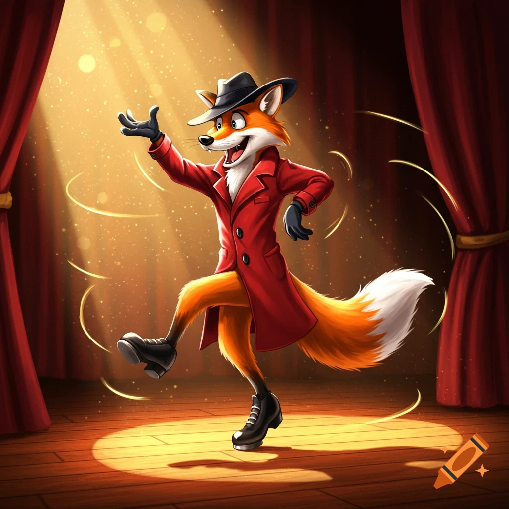 A cartoon fox in a red coat and black hat tap dances under a spotlight on a stage with red curtains.
