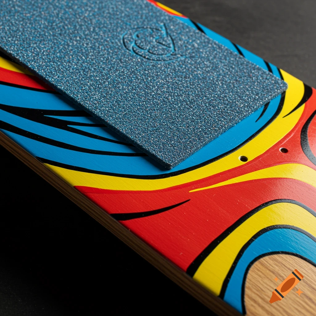 Close-up of a custom skateboard deck with a vibrant hand-painted graphic and blue grip tape featuring an embossed symbol.