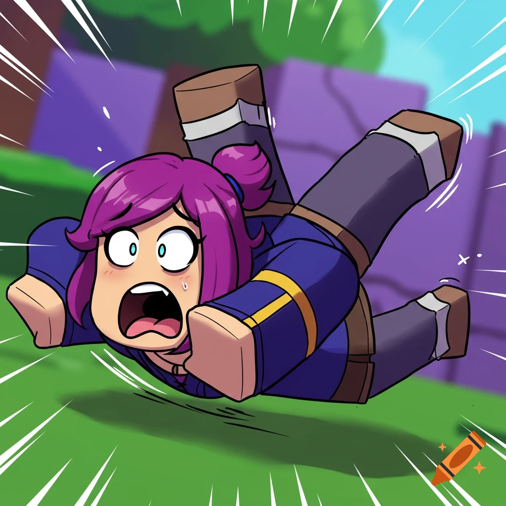 A bright, cartoonish character with purple hair dramatically falls backward in a Roblox-style 'oofed' meme, with a shocked expression.