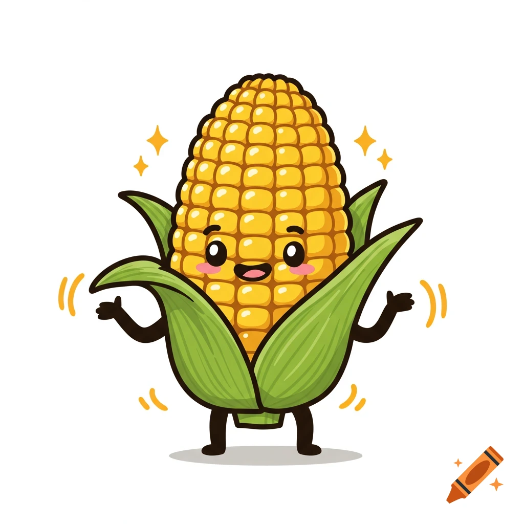 A happy cartoon corn cob character with green husks and a smiling face, sparkling on a white background.