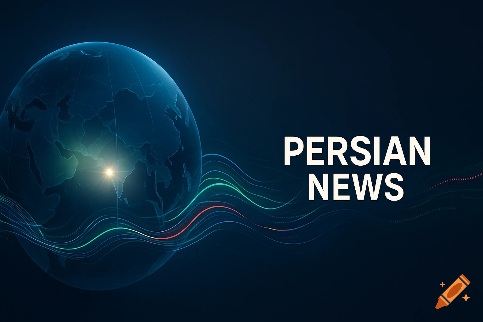 Professional graphic for Persian News featuring a blue globe with light pulses and flowing digital data streams.