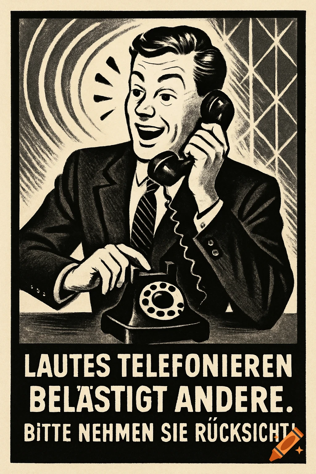 Vintage black and white poster of a smiling man talking loudly on a rotary phone, with German text below about noisy phone calls.