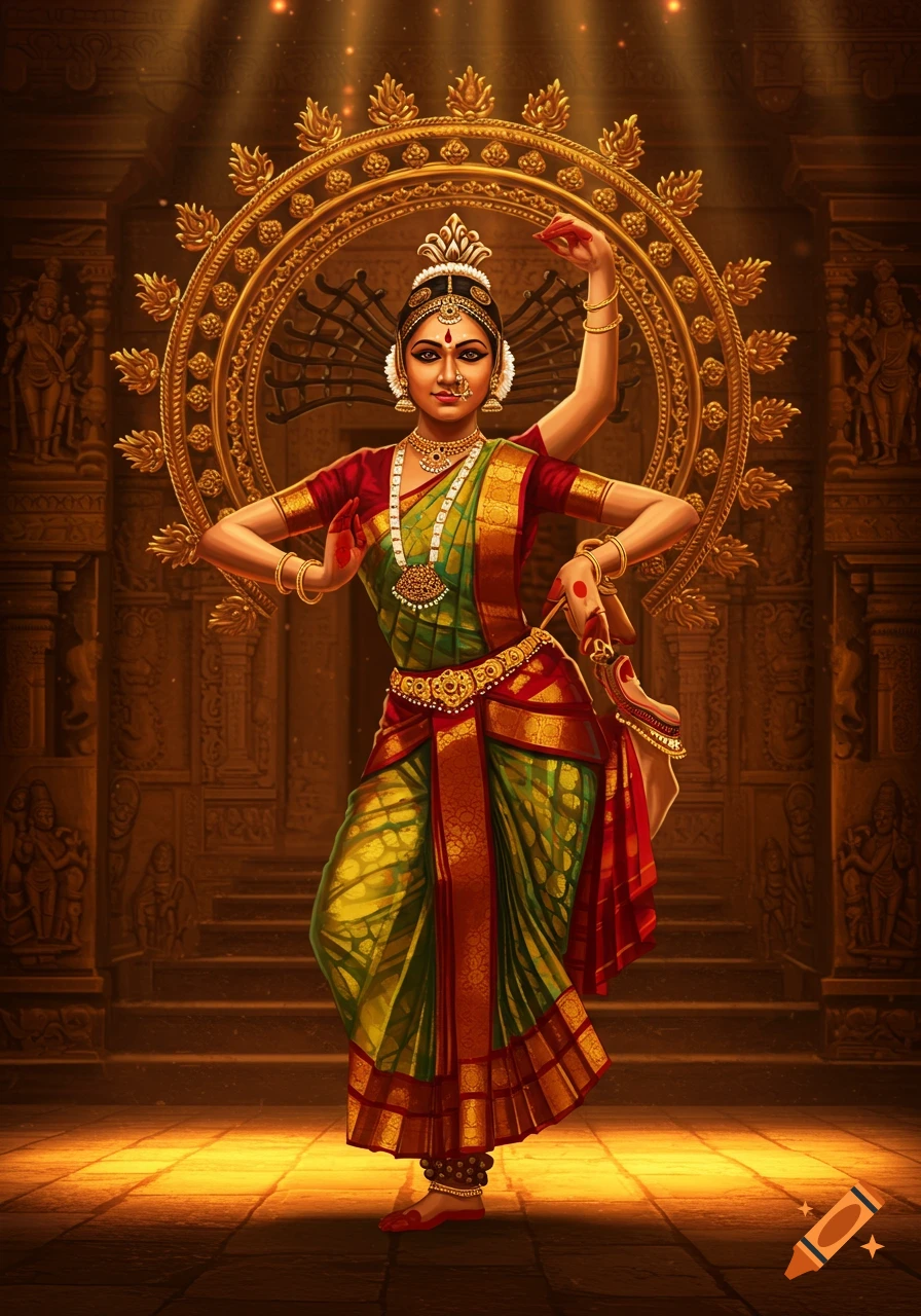 A Bharatanatyam dancer in a multi-armed Nataraja pose, wearing traditional green and red attire with gold jewelry, against a dimly lit temple background.