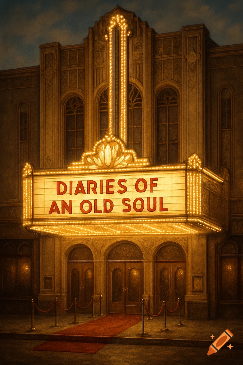 A vintage Art Deco theater exterior at night with a brightly lit marquee displaying "DIARIES OF AN OLD SOUL" above a red carpet.