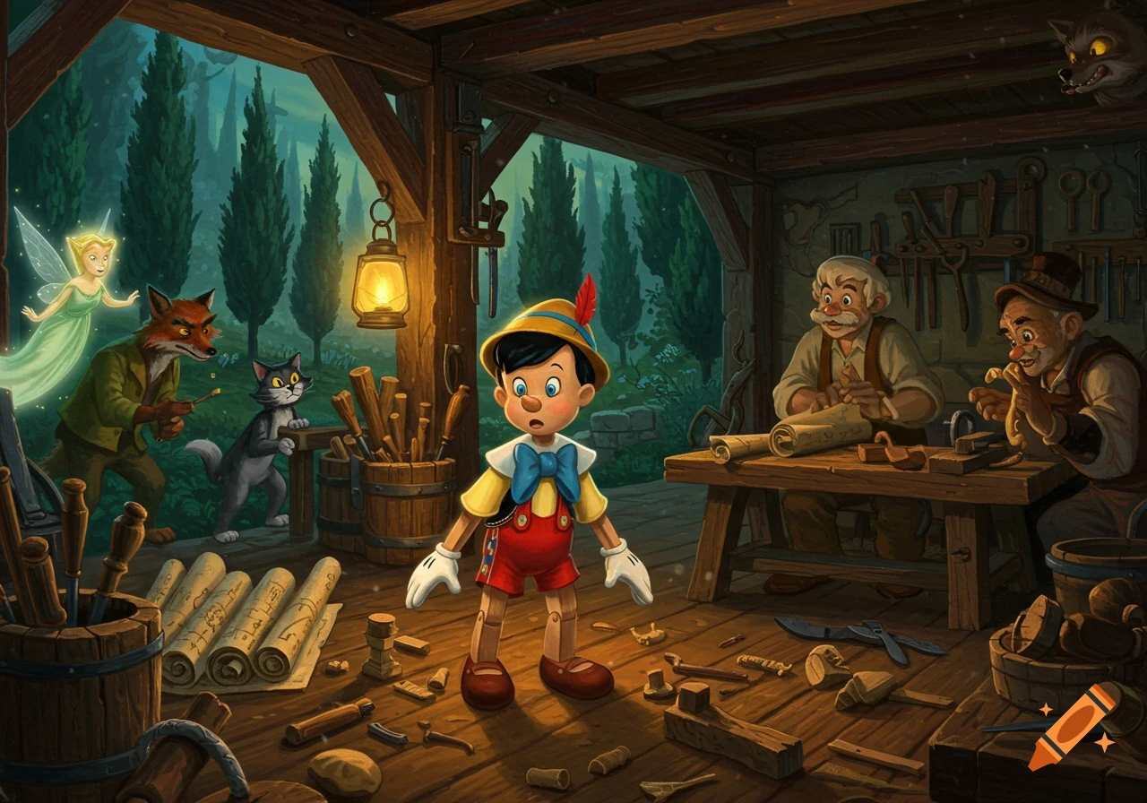 Detailed illustration of Pinocchio in Geppetto's workshop. The Blue Fairy, Fox, and Cat watch from outside, a wolf from rafters.