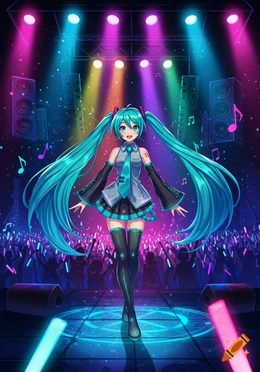 Hatsune Miku, an anime character with long turquoise pigtails, performs on a stage lit by colorful spotlights to a cheering crowd.