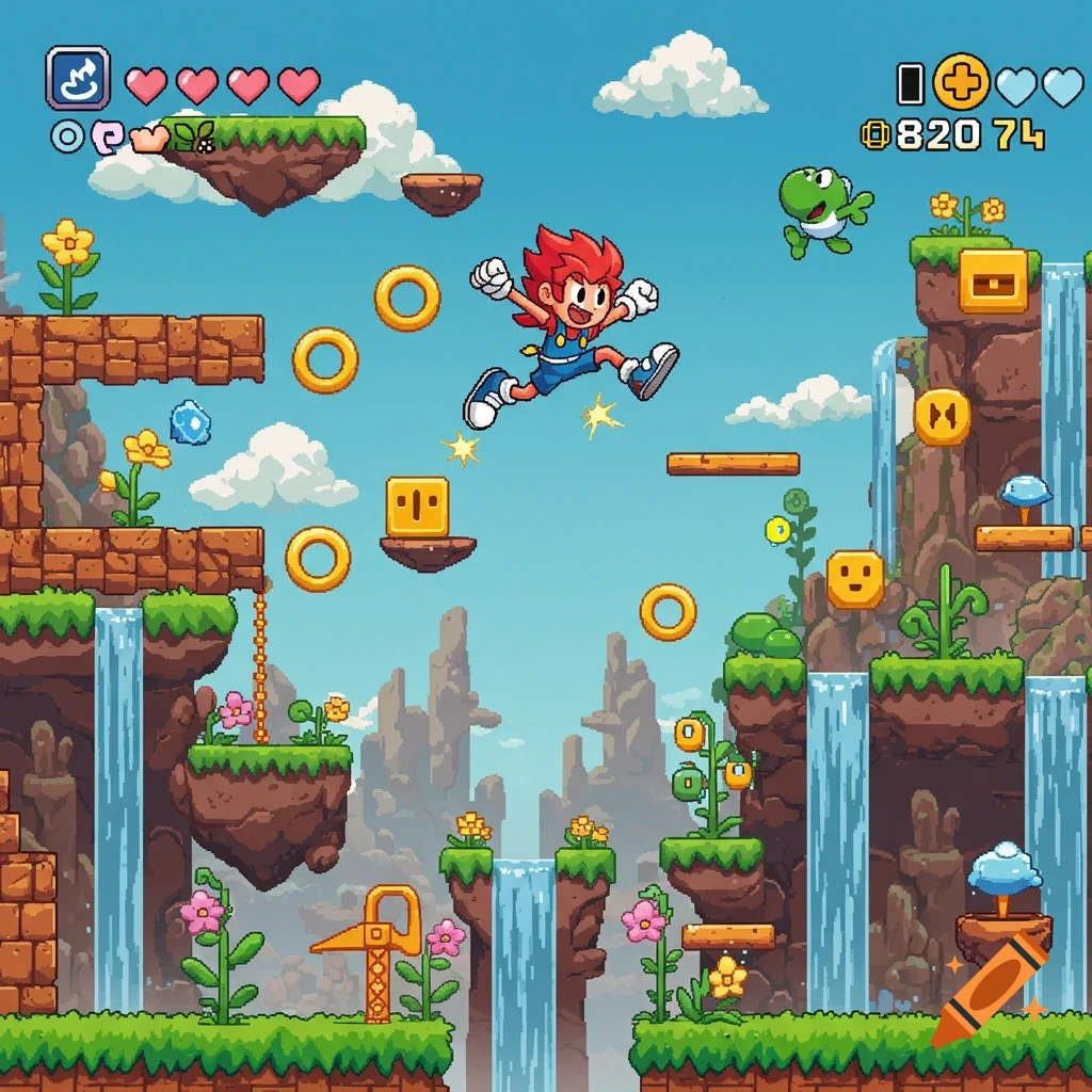 Pixel art platformer game: a red-haired character jumps over floating islands, collecting rings, with a green Yoshi-like creature flying.