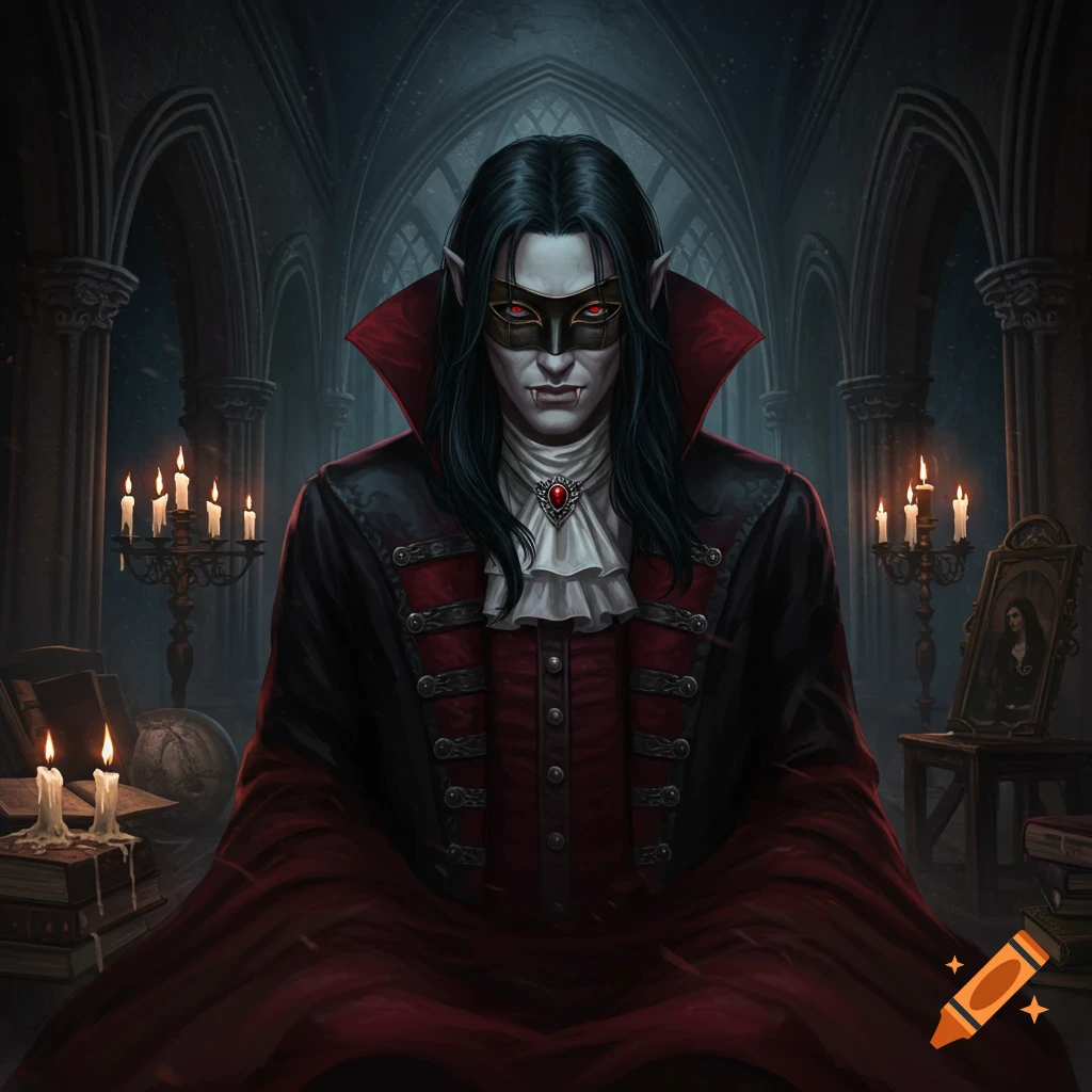 A dark fantasy art portrait of a male vampire with long black hair and fangs, wearing a black mask and a red and black coat, in a gothic hall.