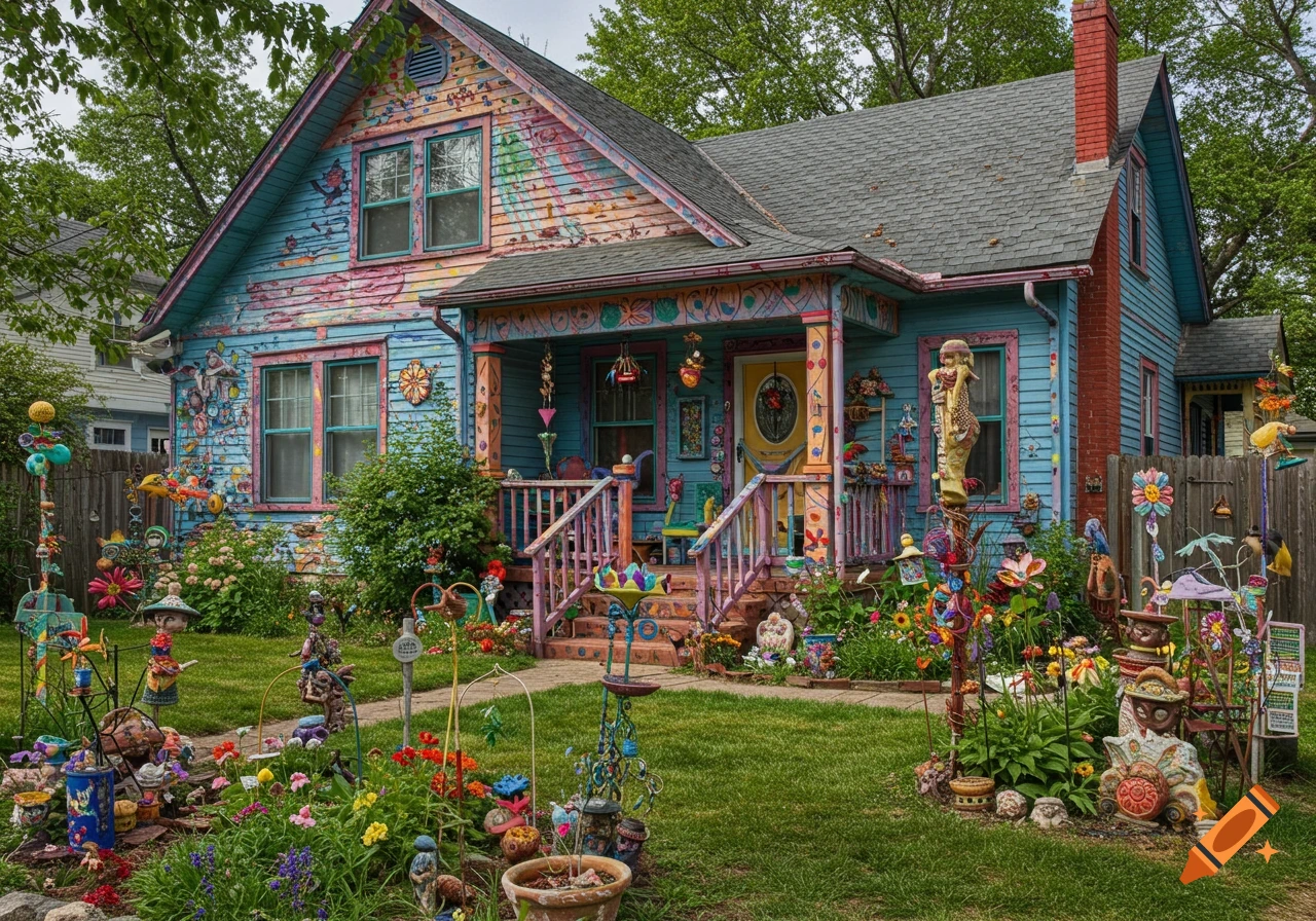 A vibrant, maximalist American-style house painted in bright colors, with a porch and a heavily decorated garden full of sculptures.