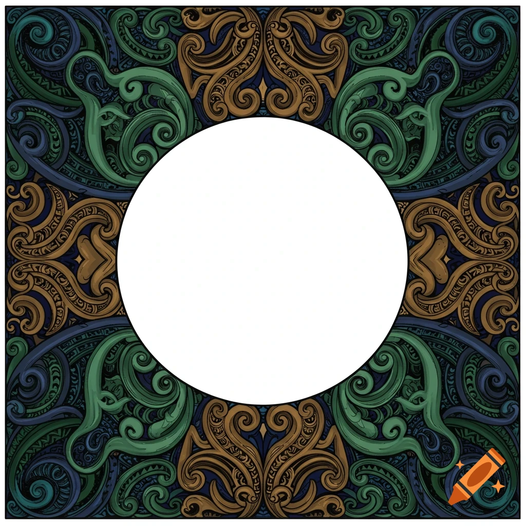 A square frame with intricate green, blue, and brown Maori patterns surrounding a large central white circle.
