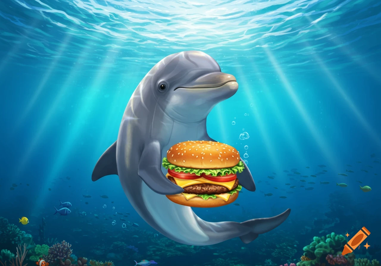 A friendly, illustrative dolphin holds a large hamburger underwater, surrounded by sunlight, coral, and small fish.
