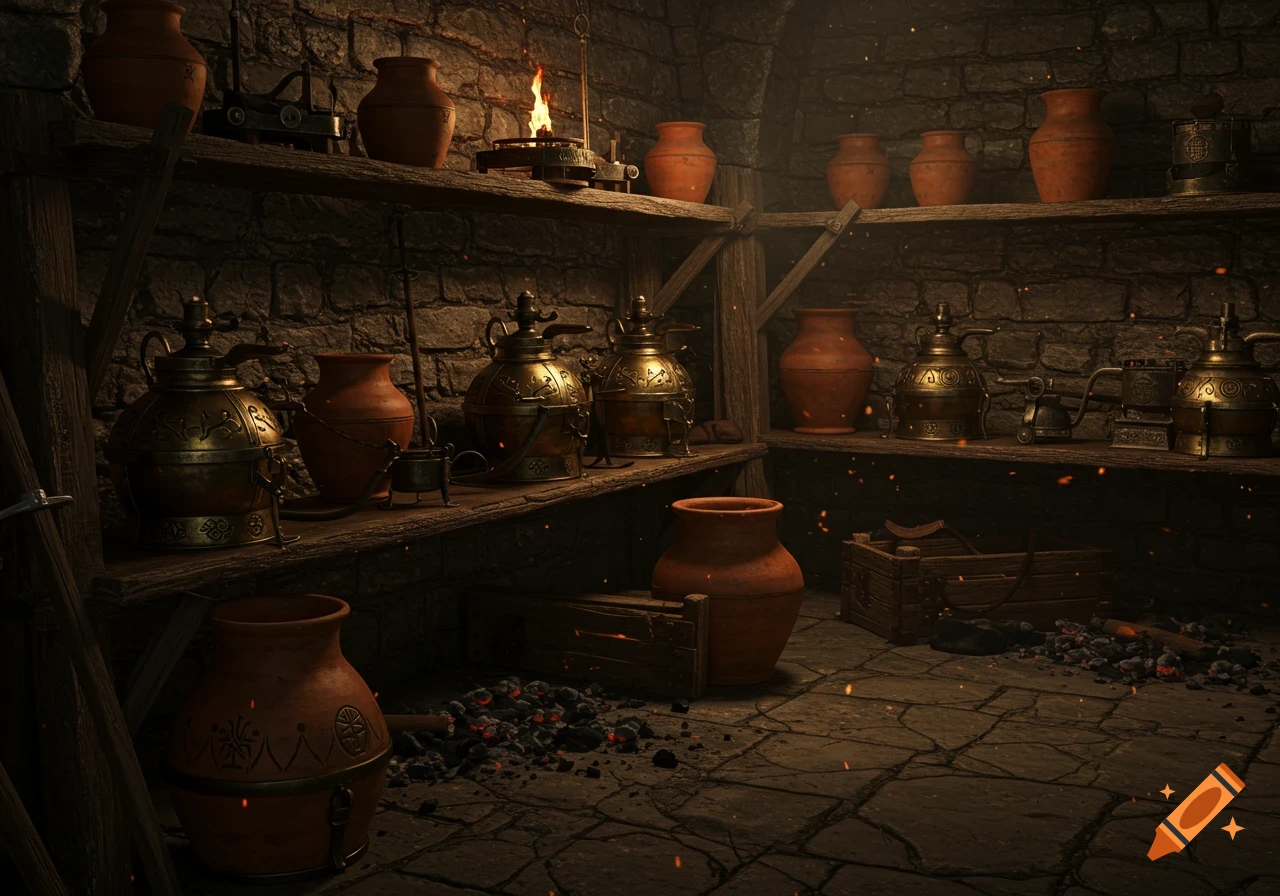 Dark, ancient workshop with wooden shelves holding terracotta pots and ornate brass objects, illuminated by a small fire and glowing embers.