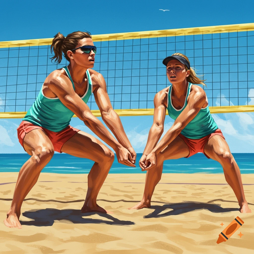 Two female beach volleyball players in an illustrated style, crouched on a sandy court, with a net, ocean, and blue sky.