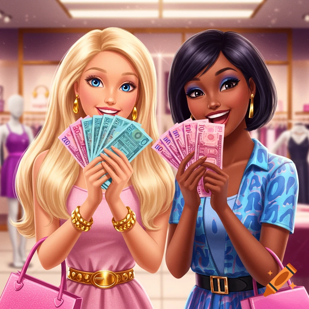 Two smiling doll-like women, one blonde and one with dark hair, happily hold up fanned banknotes in a store, illustration.