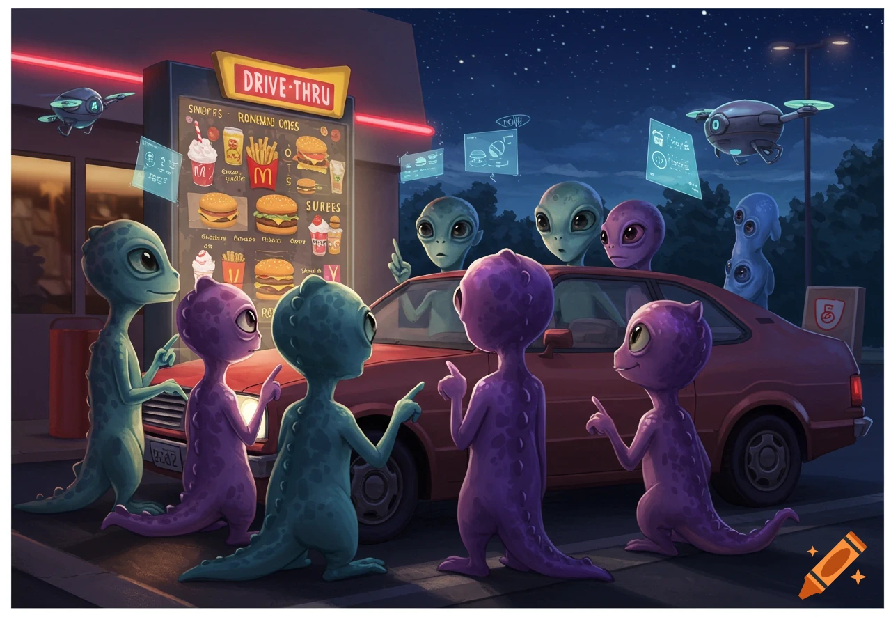 Cartoon aliens at a drive-thru, looking confused at the menu, with futuristic drones in the night sky.