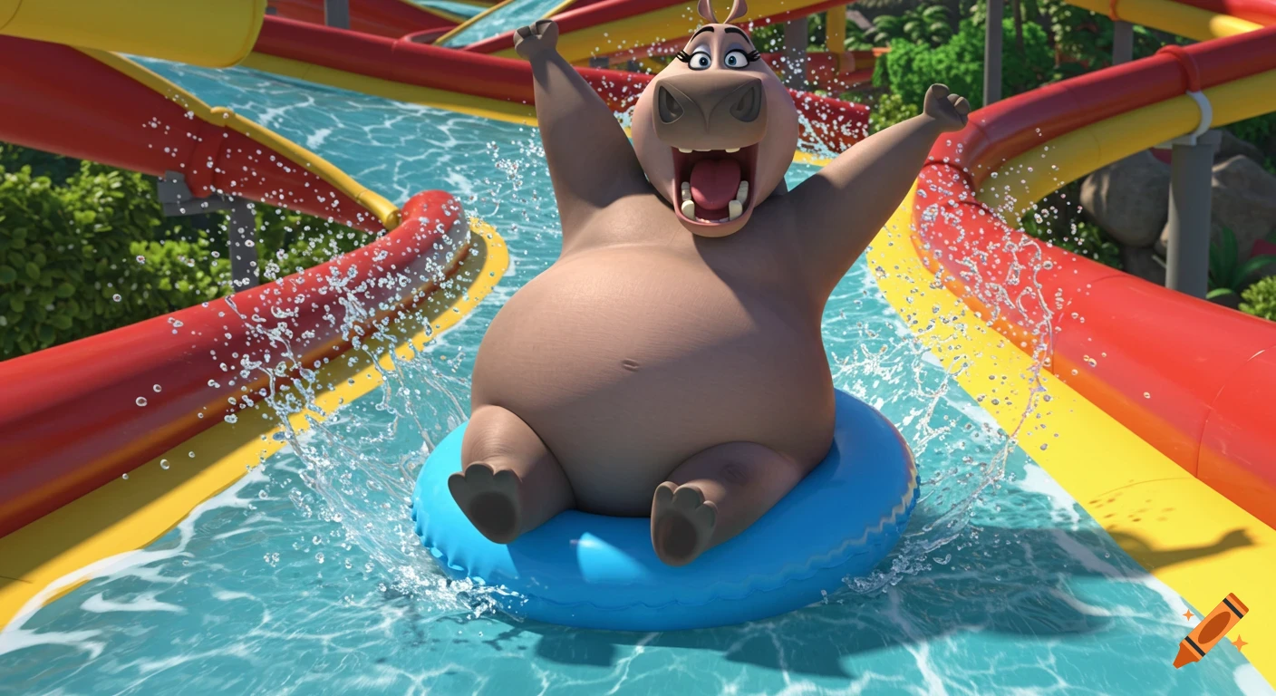 3D animated Gloria the hippo happily slides down a red and yellow waterslide on a blue inner tube, splashing water.