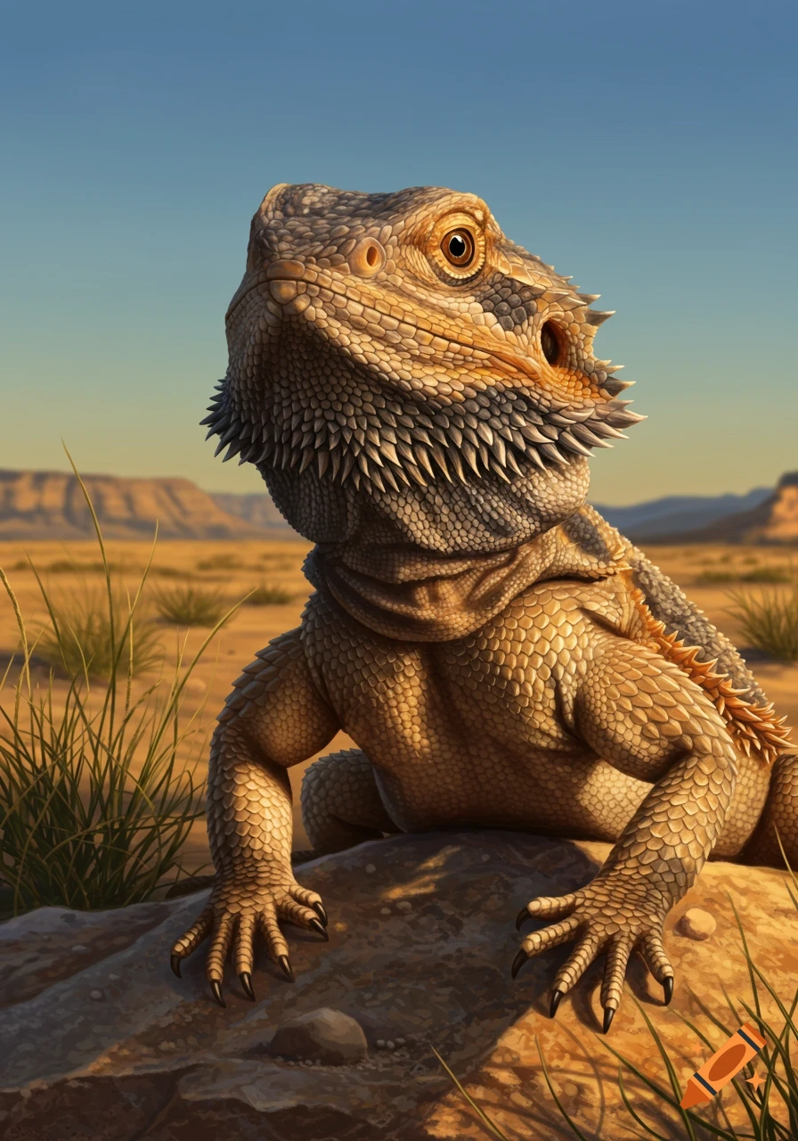 A close-up, photorealistic portrait of a bearded dragon sitting on a rock in a sunny desert landscape.