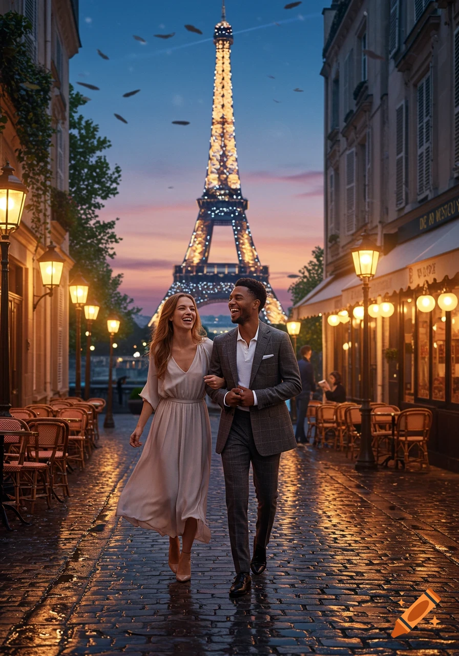 A smiling couple, a man and a woman, walk arm-in-arm down a wet cobblestone street in Paris at dusk, with the illuminated Eiffel Tower in the background.