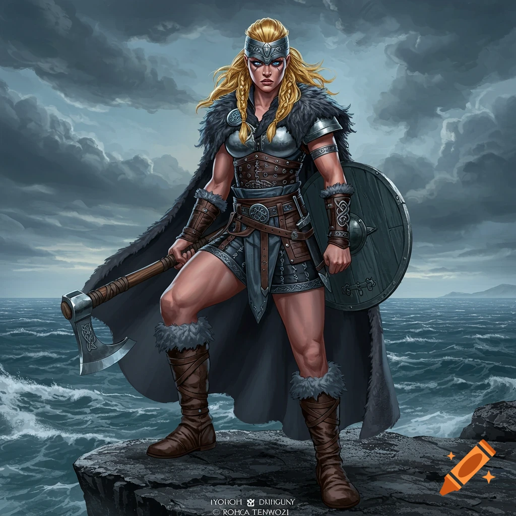 A fierce blonde viking warrior in armor stands on a rocky cliff holding an axe and shield, stormy sea behind her.