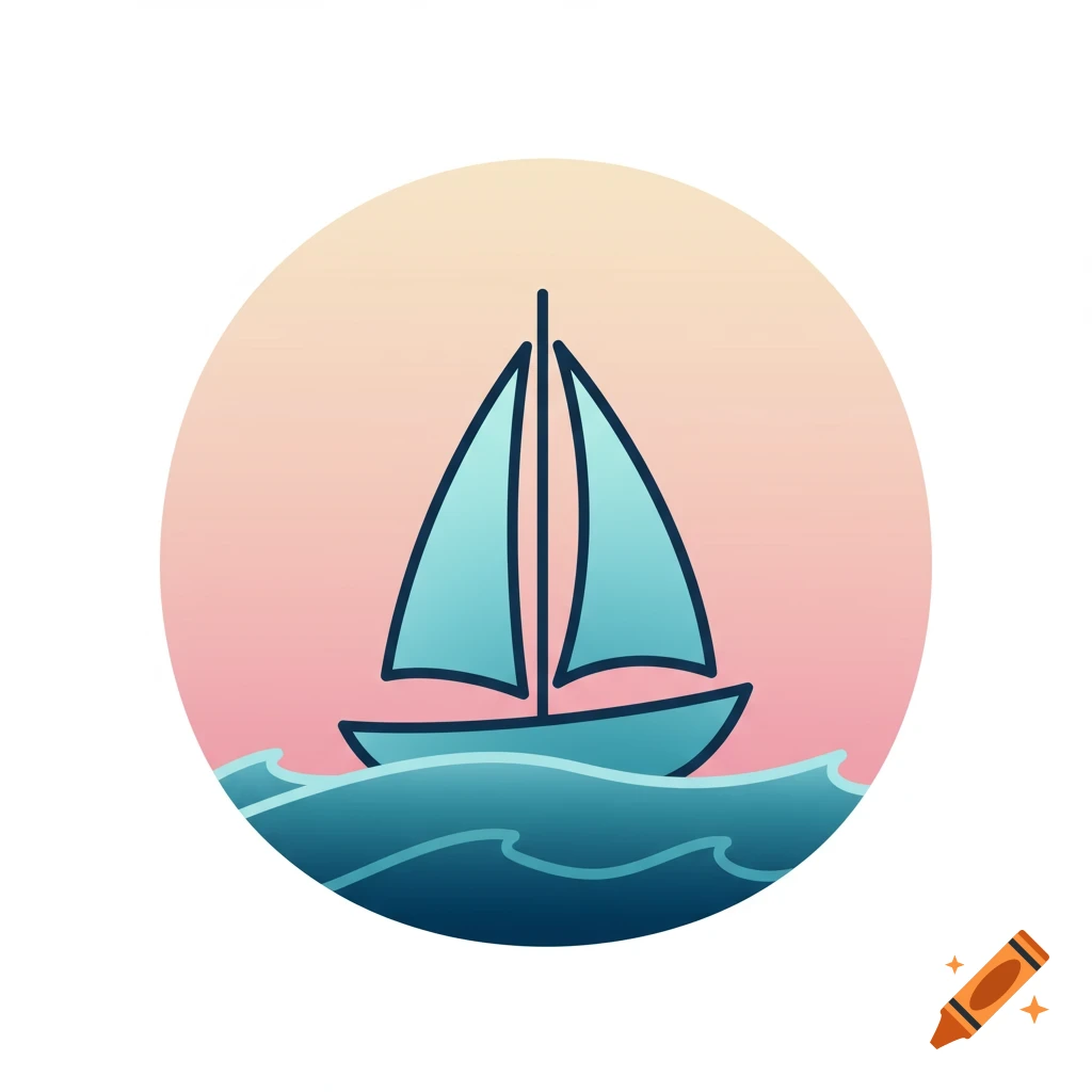 Stylized boat on blue waves in a circular icon, with a gradient pink and orange sky.