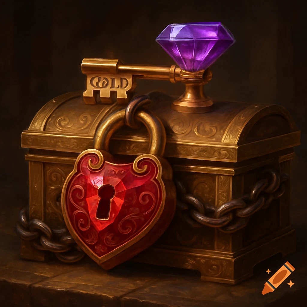 A golden treasure chest is secured by a red heart-shaped ruby lock and chains. A golden key with a purple diamond sits on top.