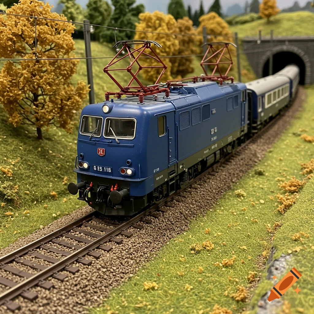 A detailed blue model electric train with red pantographs on tracks, moving through a miniature autumn landscape with a tunnel.