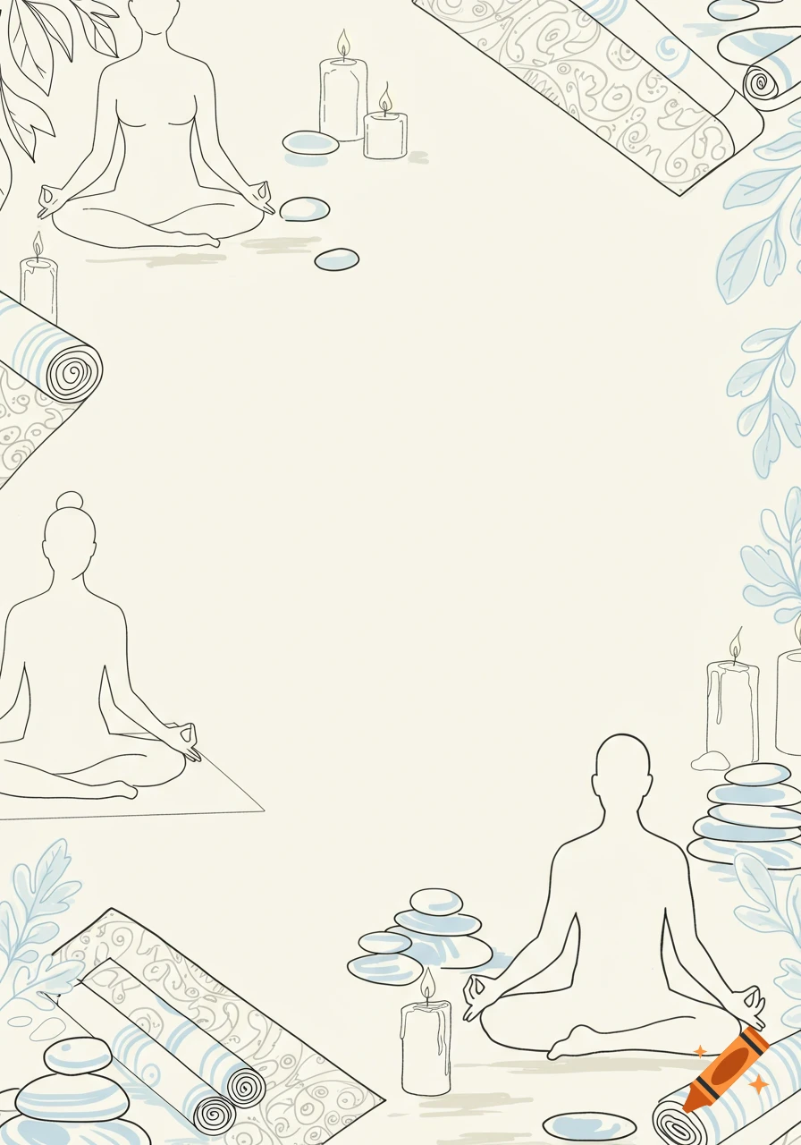 Line art illustration of simplified people meditating, surrounded by minimalist yoga mats, candles, and smooth stones, with leafy elements.