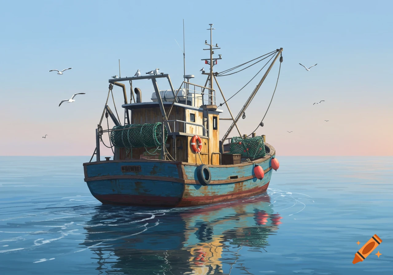 A stylized illustration of an old fishing boat with nets and buoys, sailing on calm blue water under a clear sky.