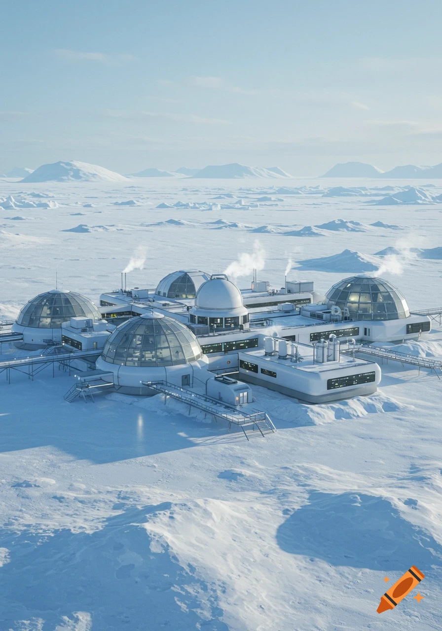 A photorealistic rendering of a futuristic arctic biological laboratory with domed buildings on a vast snowy plain and distant mountains.