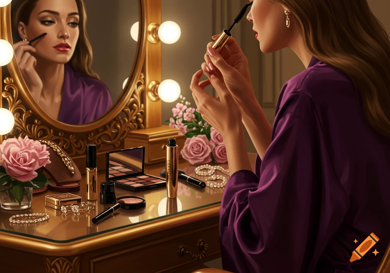 A photorealistic image of a woman in a purple robe applying mascara in front of a gold vanity table filled with makeup, flowers, and jewelry.
