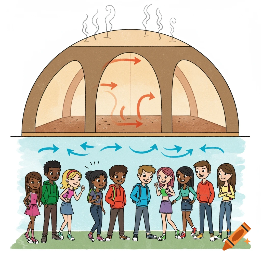 Clipart illustration of a ventilated dome shelter showing air circulation above a diverse group of teenagers.