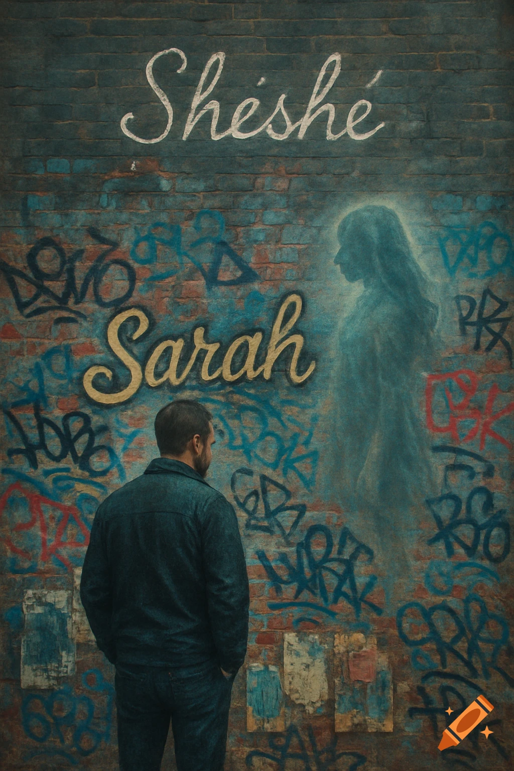 A man stands facing a graffiti-covered brick wall, looking at a spectral female figure and the name "Sarah". The word "Shéshé" is written above.