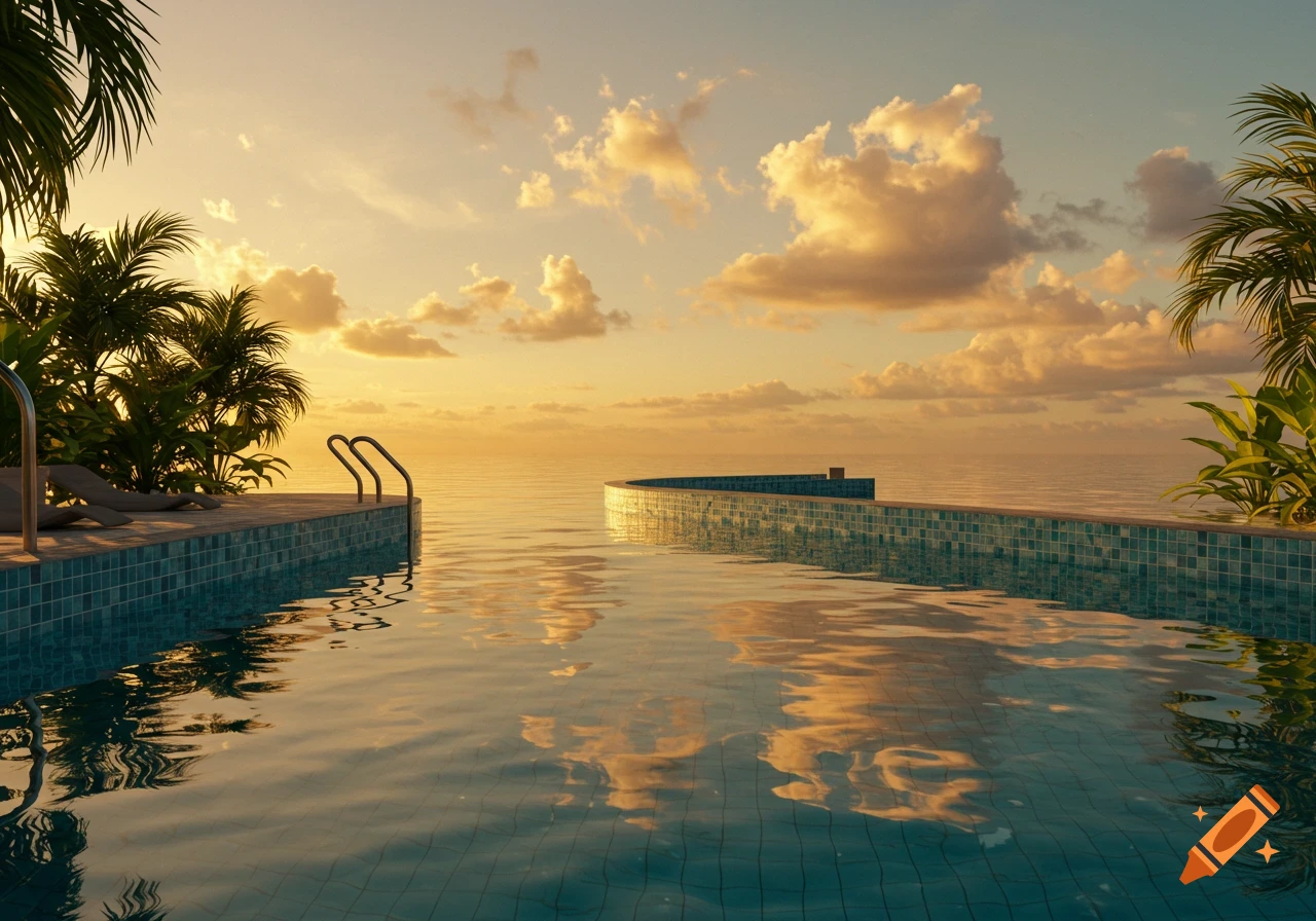 Photorealistic infinity pool overlooking the ocean at sunset with palm trees.